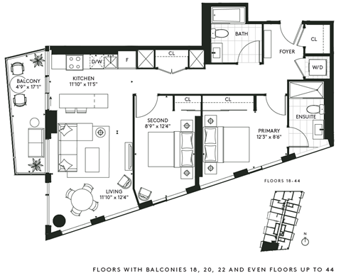 Floor plan for 2 beds, 2 baths, 986 sqft